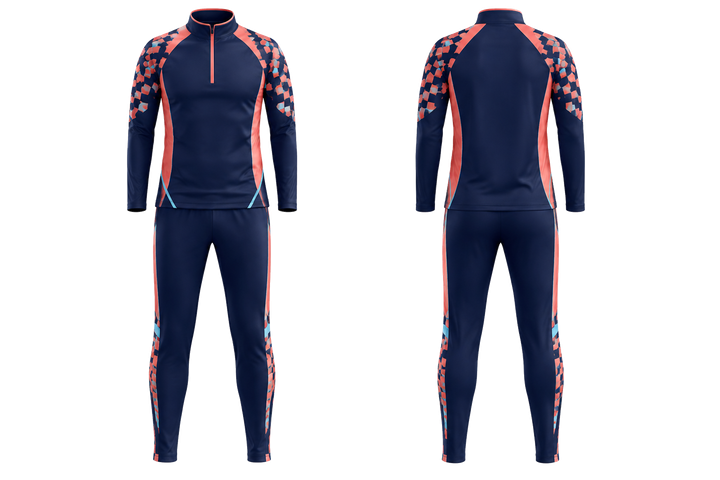 Front and back view of indigo stepped chequer field with original spacing netball warm up set