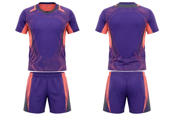 Front and back view of purple contained topographic contour field racket sports alternate competition kit