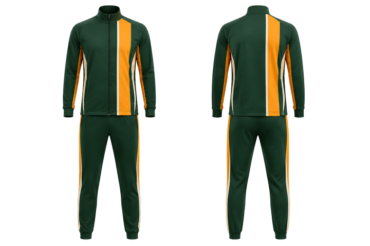 Front and back view of bottle green offset vertical race stripe racket sports court warm up set