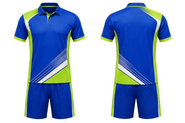 Front and back view of royal blue diagonal court line architecture racket sports racket match kit