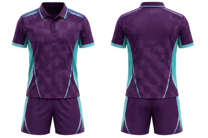 Front and back view of plum stepped chequer field with original spacing racket sports racket match kit