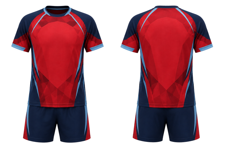 Front and back view of deep red faceted shield geometry racket sports racket training set