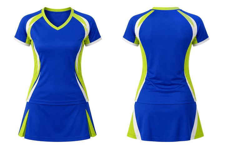 Front and back view of royal blue curved body mapped side flow racket sports women's or youth racket kit