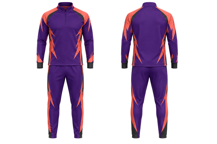 Front and back view of purple negative space lightning channel rugby club travel set