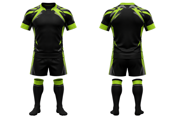 Front and back view of black angular shoulder burst rugby contact match kit