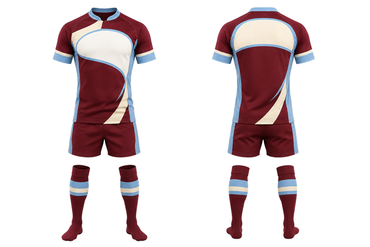 Front and back view of deep maroon asymmetric speed panel sweep rugby contact match kit