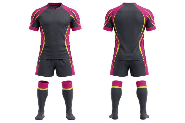 Front and back view of slate bold sleeve to side bridge rugby contact match kit
