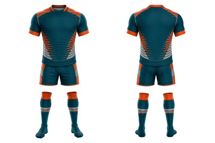 Front and back view of petrol teal compressed gradient illusion made only from flat bands rugby contact match kit