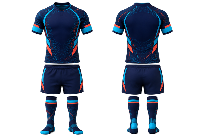 Front and back view of midnight navy contained topographic contour field rugby contact match kit