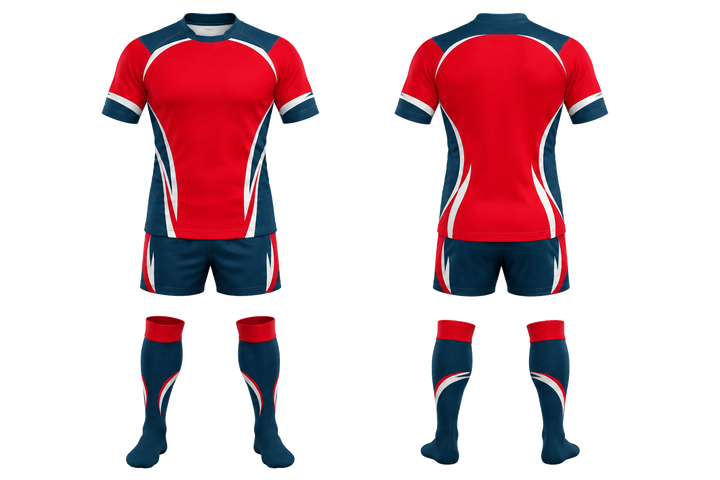 Front and back view of club red curved body mapped side flow rugby contact match kit