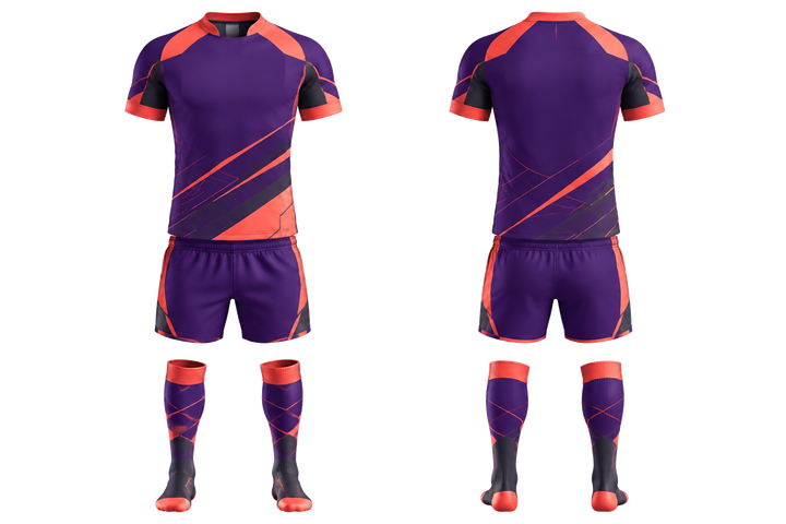 Front and back view of purple diagonal court line architecture rugby contact match kit