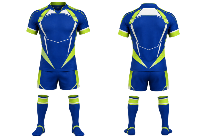 Front and back view of royal blue faceted shield geometry rugby contact match kit