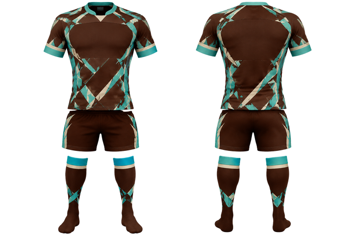Front and back view of dark chocolate fractured diamond field rugby contact match kit