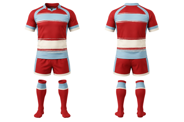 Front and back view of brick red layered horizon bands rugby contact match kit