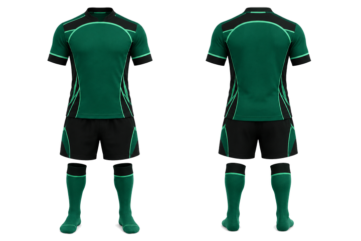 Front and back view of emerald minimal arch and orbit geometry rugby contact match kit