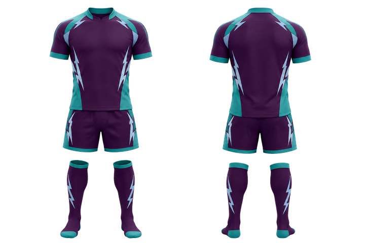 Front and back view of plum negative space lightning channel rugby contact match kit