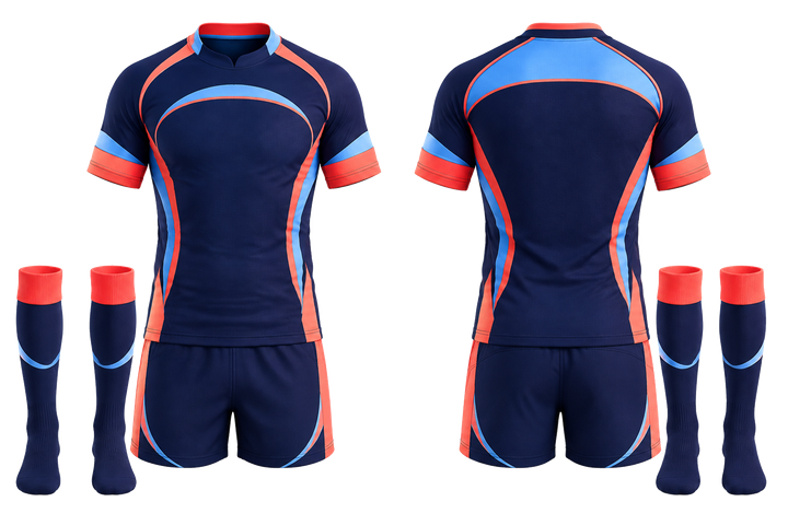 Front and back view of indigo nested contour arcs rugby contact match kit