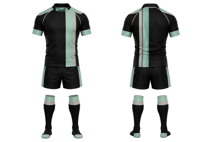 Front and back view of obsidian black offset vertical race stripe rugby contact match kit