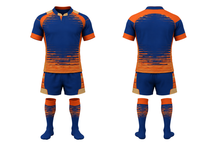 Front and back view of cobalt pixel to panel fade built from flat bands rugby contact match kit