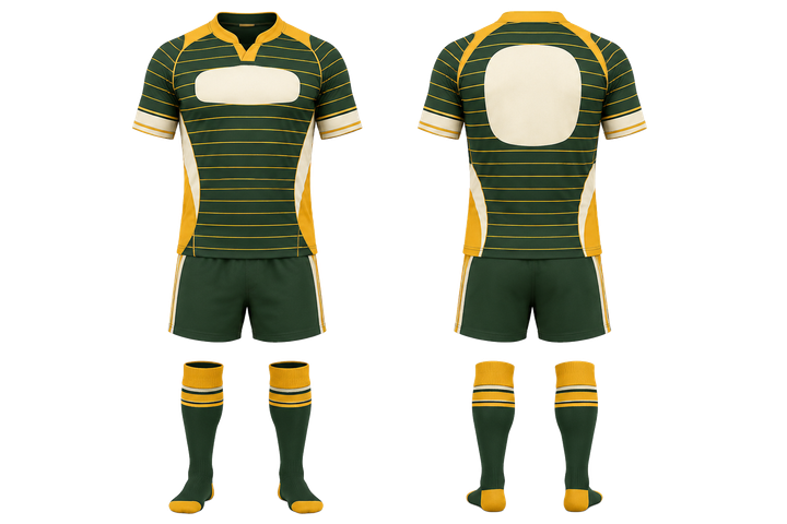 Front and back view of forest green retro micro stripe with modern panel breaks rugby contact match kit