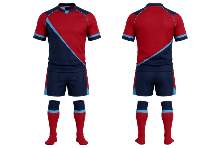 Front and back view of deep red split sash geometry rugby contact match kit