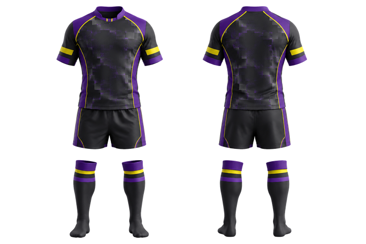Front and back view of charcoal stepped chequer field with original spacing rugby contact match kit