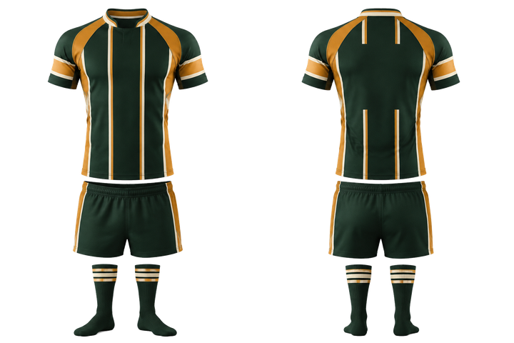 Front and back view of bottle green wide modern pinstripe field rugby contact match kit