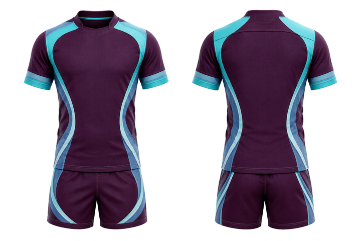 Front and back view of plum curved body mapped side flow rugby contact training kit