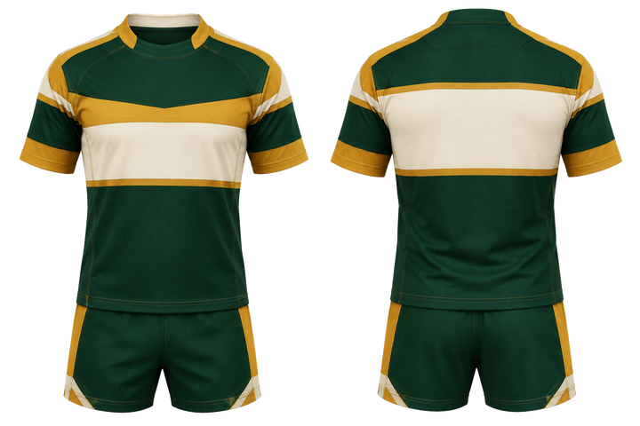 Front and back view of forest green layered horizon bands rugby contact training kit