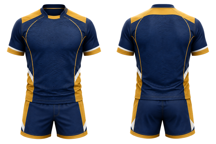 Front and back view of marine blue low contrast ripple map rugby contact training kit