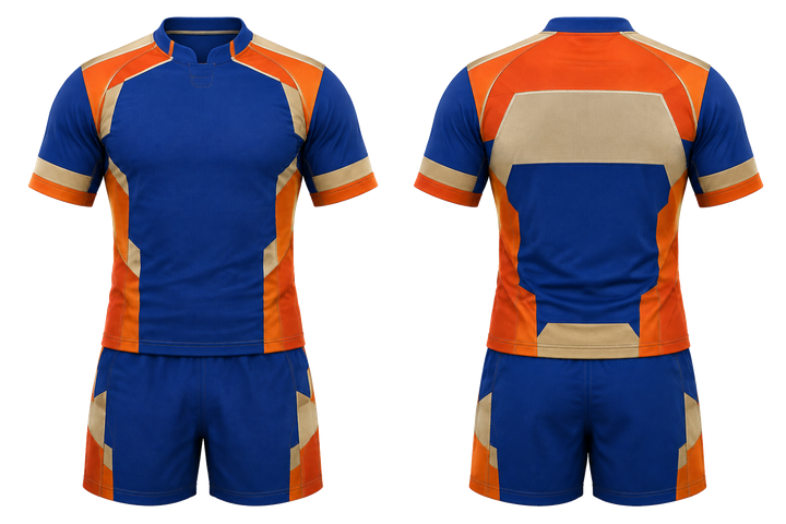 Front and back view of cobalt modular block mosaic rugby contact training kit