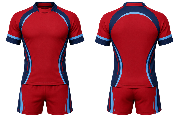Front and back view of deep red nested contour arcs rugby contact training kit
