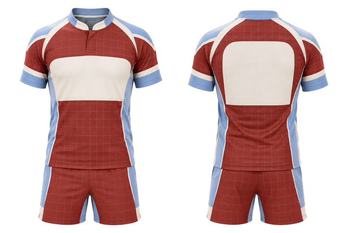 Front and back view of brick red oversized tonal grid rugby contact training kit