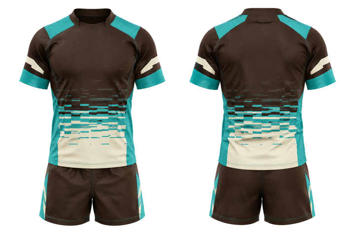 Front and back view of dark chocolate pixel to panel fade built from flat bands rugby contact training kit