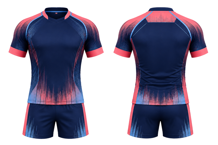 Front and back view of indigo tonal soundwave rhythm rugby contact training kit