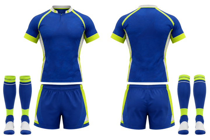 Front and back view of royal blue low contrast ripple map rugby sevens or alternate kit