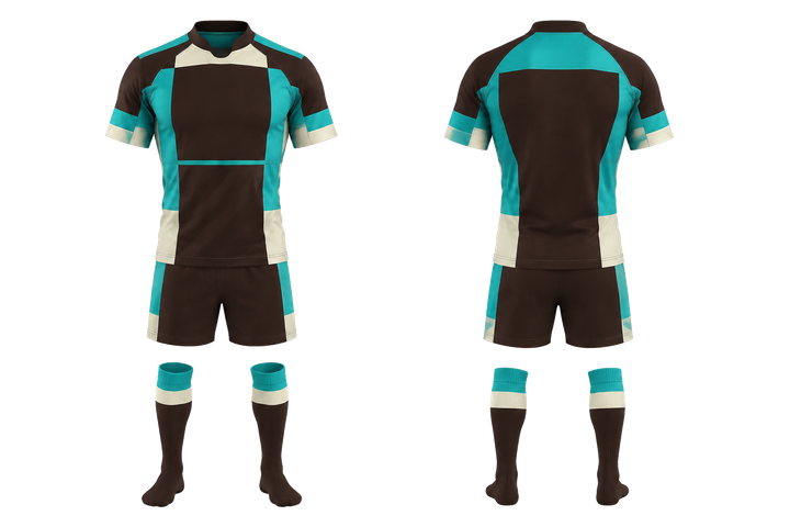 Front and back view of dark chocolate modular block mosaic rugby sevens or alternate kit