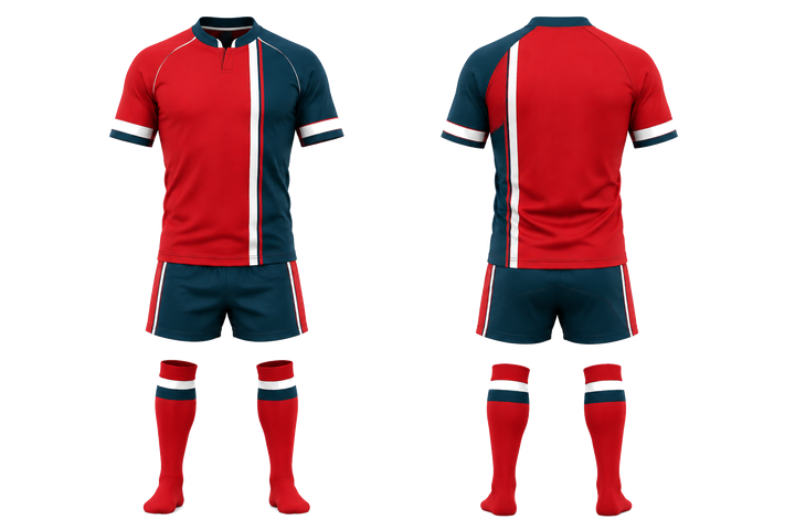Front and back view of club red offset vertical race stripe rugby sevens or alternate kit