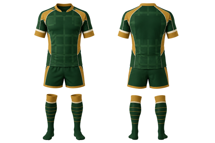 Front and back view of forest green oversized tonal grid rugby sevens or alternate kit