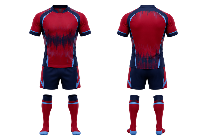 Front and back view of deep red tonal soundwave rhythm rugby sevens or alternate kit