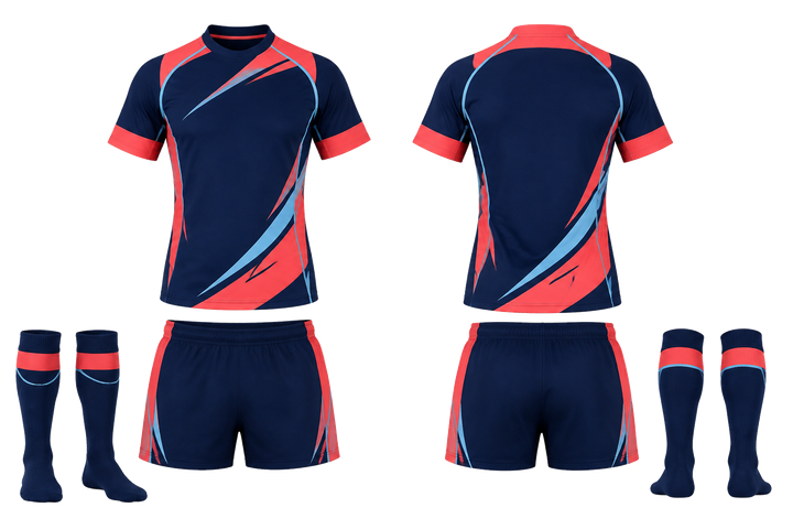 Front and back view of indigo asymmetric speed panel sweep rugby women's or academy rugby kit