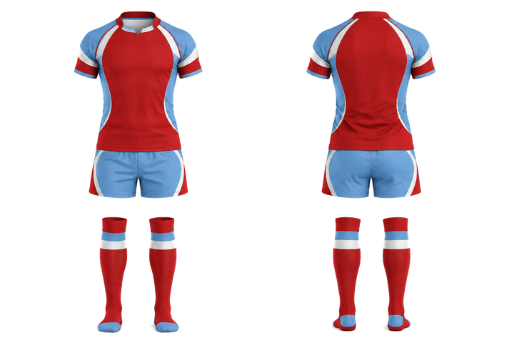 Front and back view of brick red bold sleeve to side bridge rugby women's or academy rugby kit