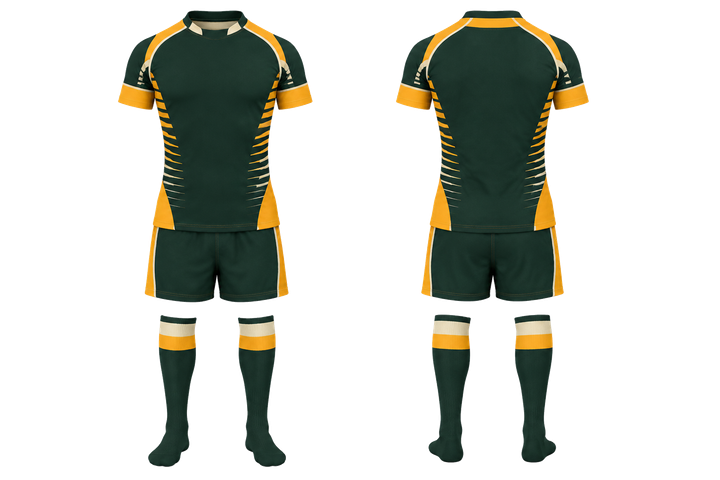 Front and back view of bottle green compressed gradient illusion made only from flat bands rugby women's or academy rugby kit