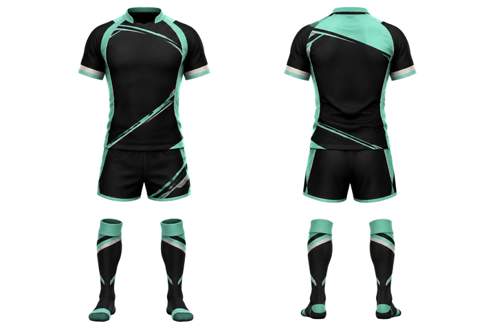 Front and back view of obsidian black diagonal court line architecture rugby women's or academy rugby kit