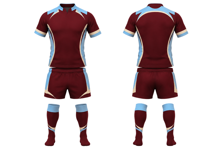 Front and back view of deep maroon minimal arch and orbit geometry rugby women's or academy rugby kit