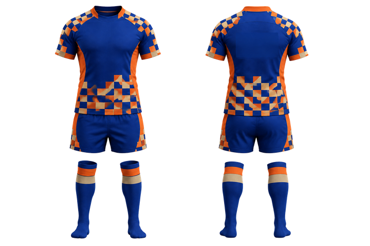 Front and back view of cobalt stepped chequer field with original spacing rugby women's or academy rugby kit