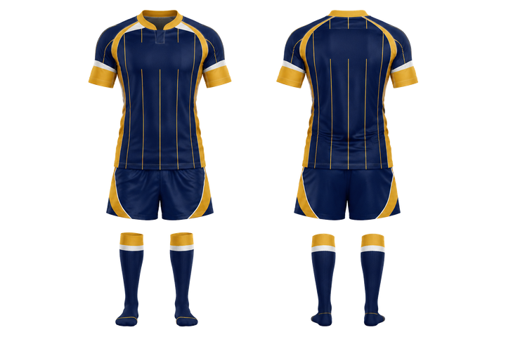 Front and back view of marine blue wide modern pinstripe field rugby women's or academy rugby kit