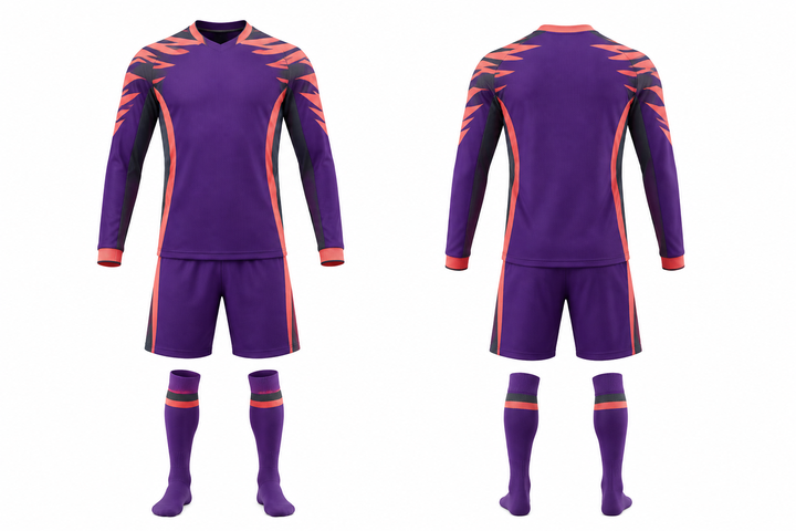 Front and back view of purple angular shoulder burst soccer goalkeeper or alternate kit