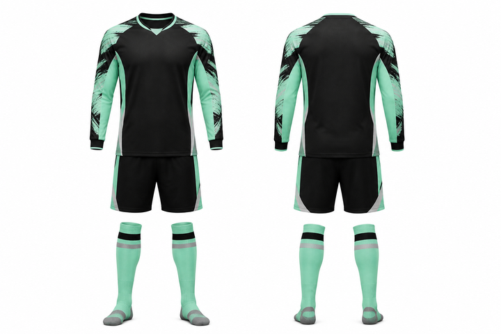 Front and back view of obsidian black bold sleeve to side bridge soccer goalkeeper or alternate kit