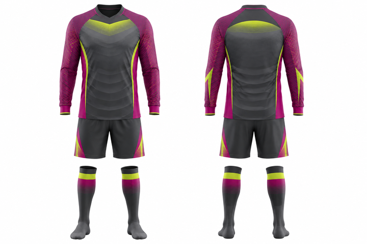 Front and back view of slate compressed gradient illusion made only from flat bands soccer goalkeeper or alternate kit